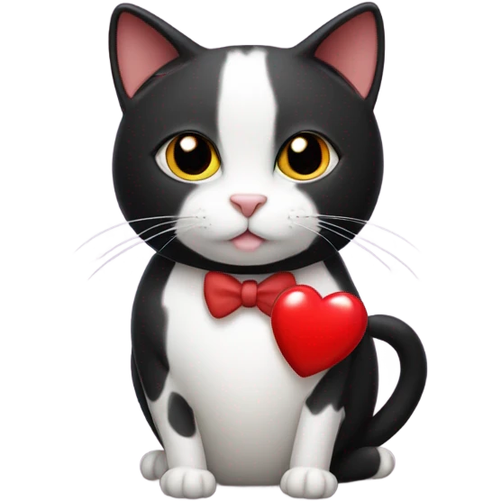 Tuxedo cat with black mole on his right cheek, holding a heart emoji