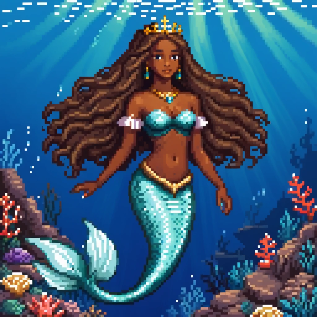 Dark brown skin mermaid princess with long flowing hair and royal accessories in deep blue ocean emoji
