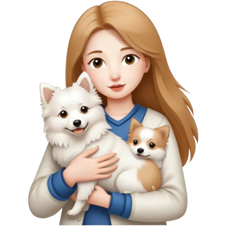 long light brown hair girl with pale skin holding a white Japanese spitz dog in her arms emoji