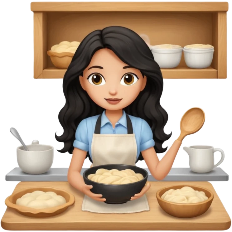 a pretty tan bratz girl with black wavy long hair baking at home emoji