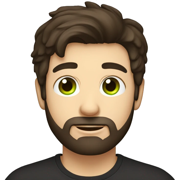 Handsome man with dark hair, holding an cup of coffee, gradient short hair on the side, green eyes. Thin face. Black t-shirt. A little beard. emoji
