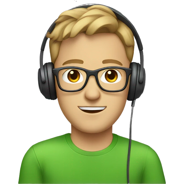 white guy with light brown hair square glasses blue eyes wearing green t-shirt with laptop and headphones emoji