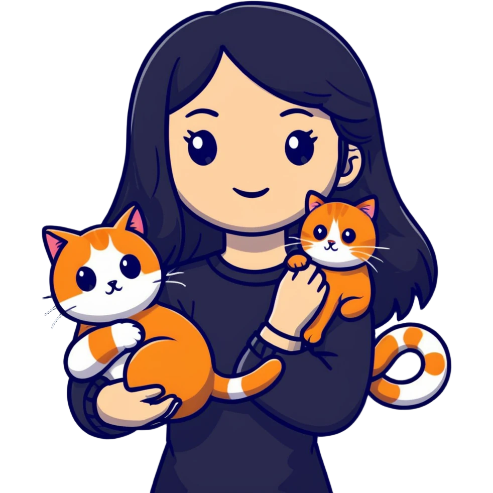 beautiful elegant girl with long black hair holding a friendly ginger cat emoji
