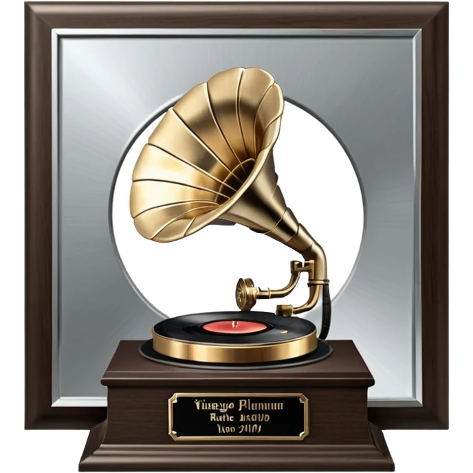 A platinum music award plaque: a square, polished platinum plate with a subtly textured, mirror-like finish, mounted on a simple dark wood base. The center features a relief of a vintage gramophone or stylized vinyl record in a slightly darker metallic tone.  emoji
