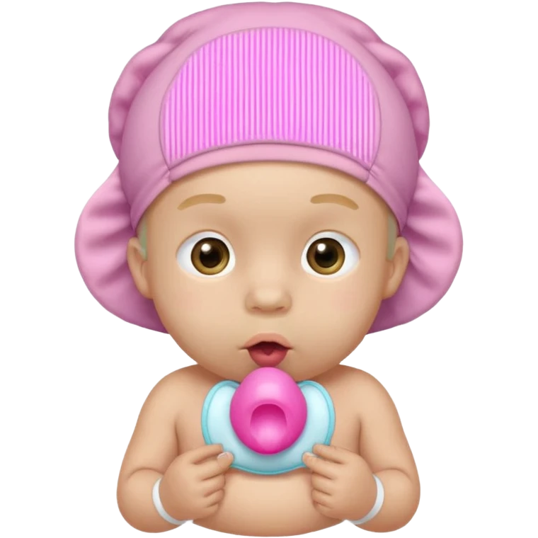 A grown man wearing a diaper, with a pink bonnet around his head, with a pink pacifier in his mouth. emoji