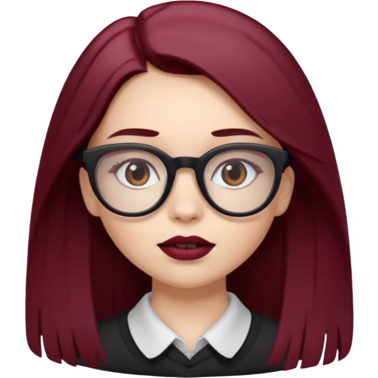 white-skinned girl with long brown hair showing maroon under hair, brown glasses, brown lipstick emoji