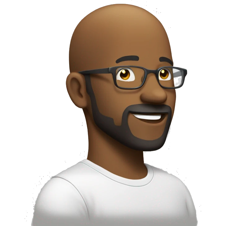 show the side view of Bald- black man-with-glasses-with scruffy -beard in t shirt smiling emoji