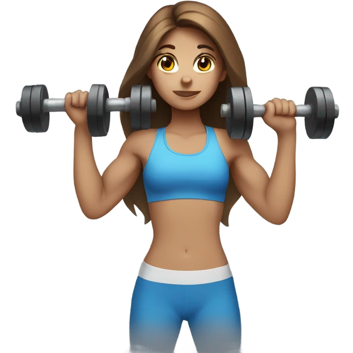 girl with long brown hair,  blue eyes, lifting weights emoji