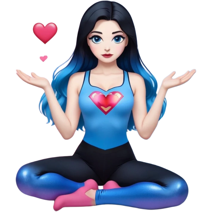 show full body-very very large chest-hands making heart-long legs-stunning beautiful face-black leggings-hands making heart emoji-light pink lips-very long straight-dark-black to blue ombre hair-and-blue-eyes-thick-black-eyeliner-thick-long-eyelashes-sky blue with glitter superman low cut tanktop emoji