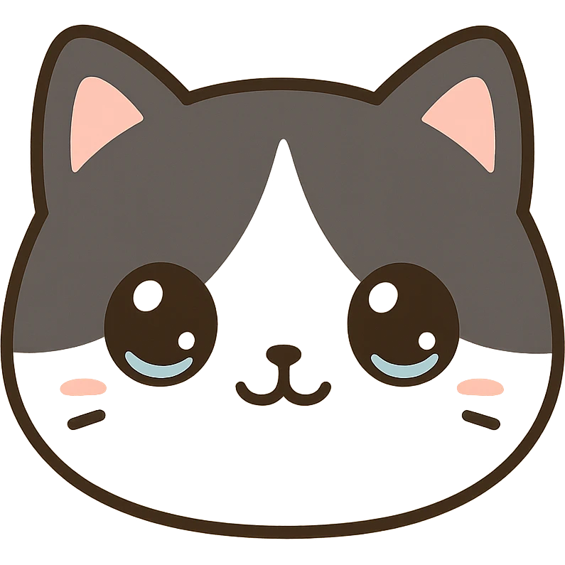 tuxedo cat face, cute and round, big eyes, kawaii style emoji