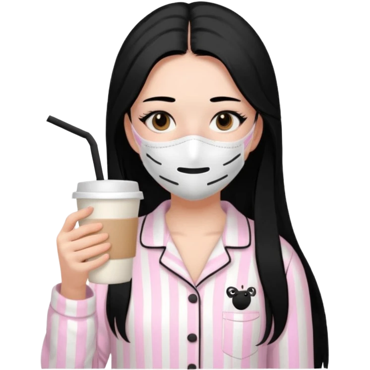 chica de pelo lacio color negro cabellera larga piyama blanca con rayas rosa claras peo no tan claras no oscuras el bordado es negro al igual que los botones )tiene una mascarilla para la carablanca y sostiene y cafe con bolitas nedras al dondo con unsorbete tranparente y es de test blanca  emoji