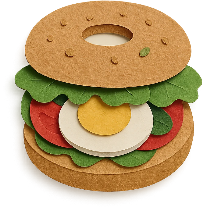 aesthetic bagel sandwich with eggs and vegetables, layered textures, Pinterest vibe emoji