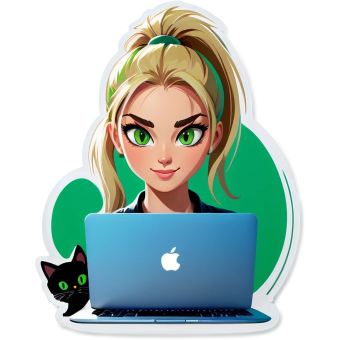 Blonde woman ponytail green eyes with cat and MacBook emoji