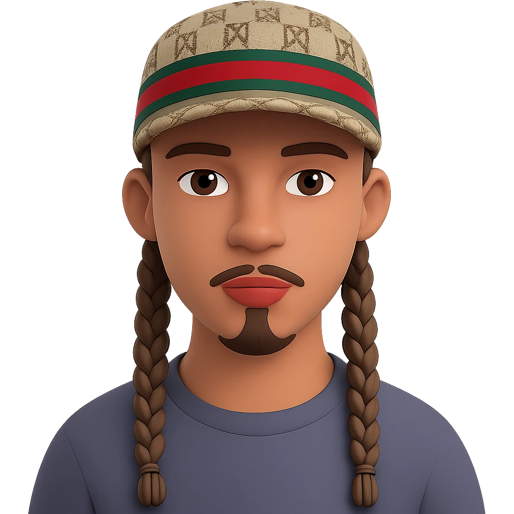 Homme avec des tresses plus courtes et une casquette Gucci, style 3D emoji, sans fond. Note: style 3D emoji does not support editing, so using general style editor with 3D emoji style intention. emoji