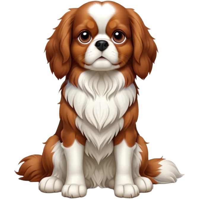 cinematic-[cavalier king charles dog]-realistic-full-body-sitting-emoji,-tail-resting-loosely-beside-its-paws,-head-tilted-dramatically,-scruffy-[brown and white]-fur,-simplified-yet-realistic-focused-features,-highly-detailed,-glowing-with-an-almost-sarcastic-glow emoji