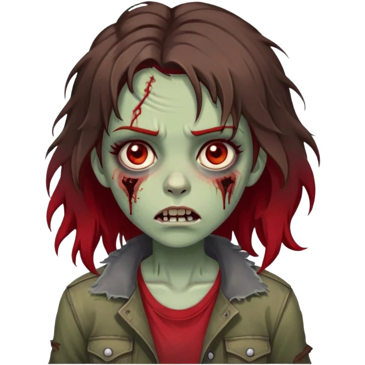 Female zombie with wavy shaggy haircut, hair is dark brown with red ends, light brown eyes, pale skin, slight dark circles under eyes, wearing grunge ripped clothes emoji
