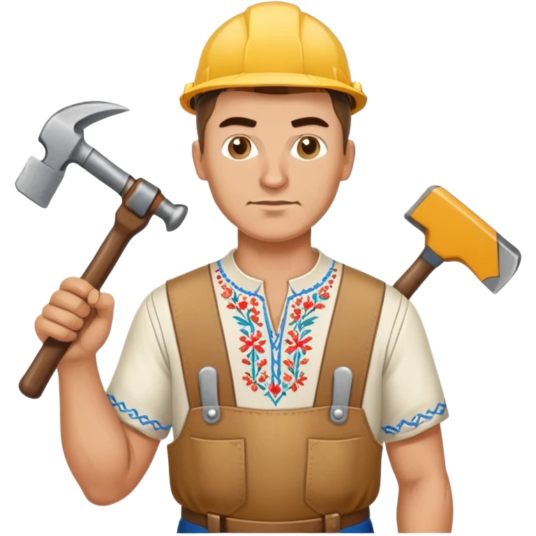 Ukrainian man wearing traditional embroidered vyshyvanka shirt holding construction tools like hammer and wrench emoji