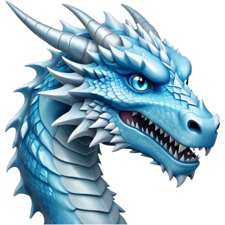 Cinematic Noble Fierce Ice Dragon Portrait Emoji, Poised and imposing, with a muscular, scaled body shimmering in glacial hues of icy blue, frostbitten silver, and crystalline white, breathing out frost, with piercing, glowing eyes that radiate the chilling depths of an arctic storm; rendered in detail. emoji