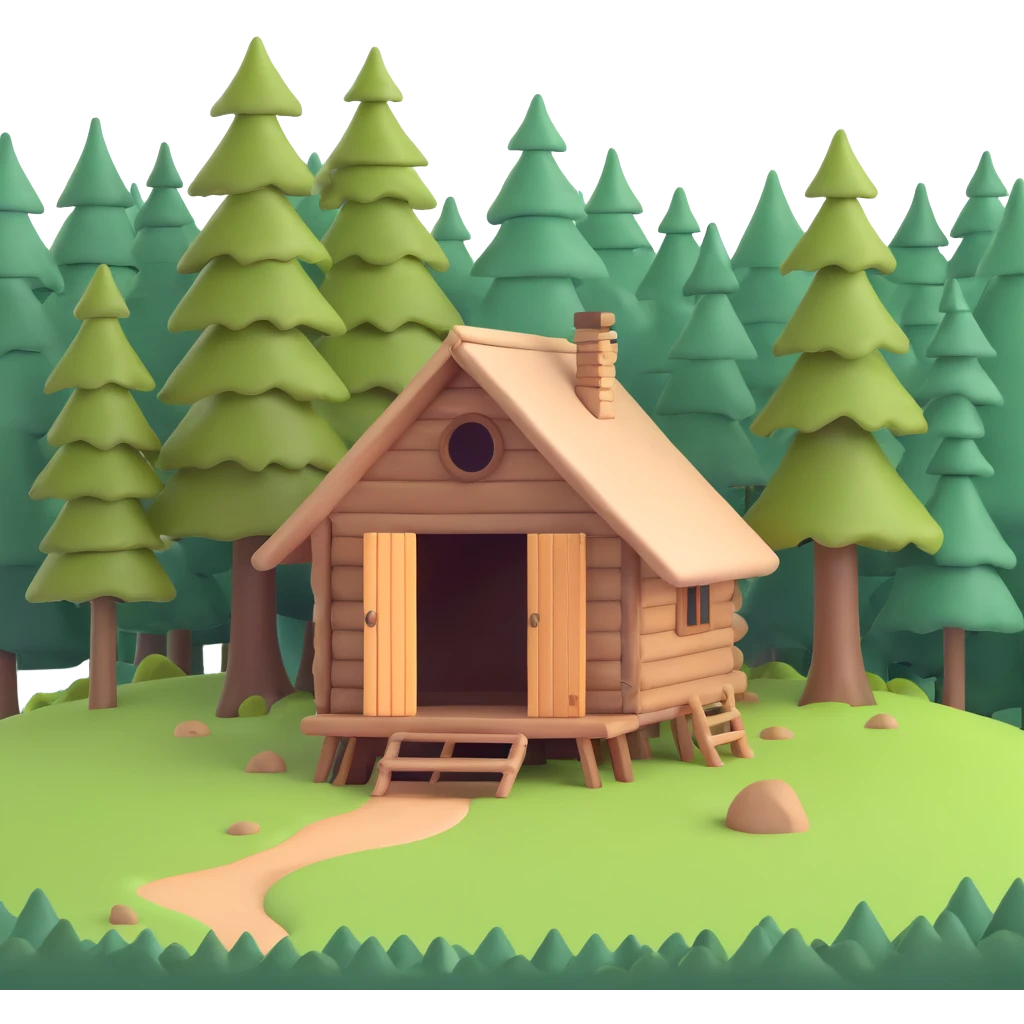 small rustic hut in deep forest surrounded by tall trees emoji