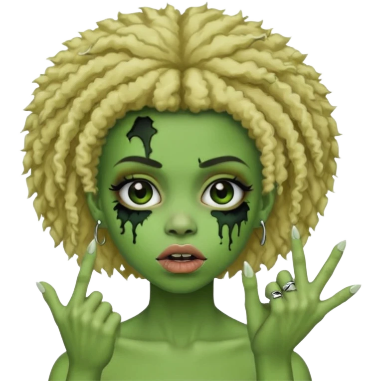 girl, green zombie,blonde afro, medium long, shaggy, dark, spooky,double eyebrow dermal piercing, two fingers up emoji