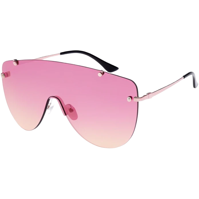 futuristic frameless shield sunglasses, pink tinted one-piece lens, Y2K fashion emoji