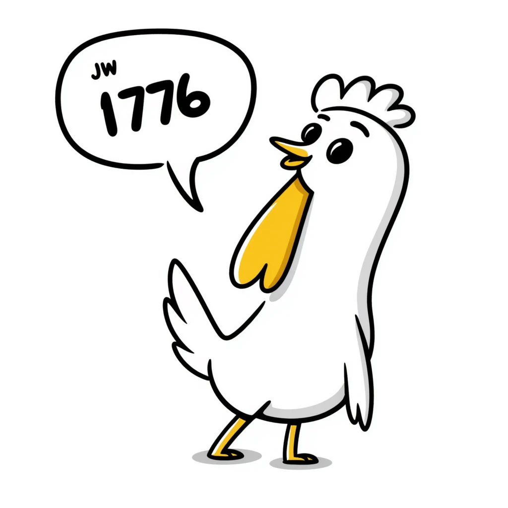 shouting yellow long neck chicken with a funny expression, 'JW 1776' in a speech bubble emoji