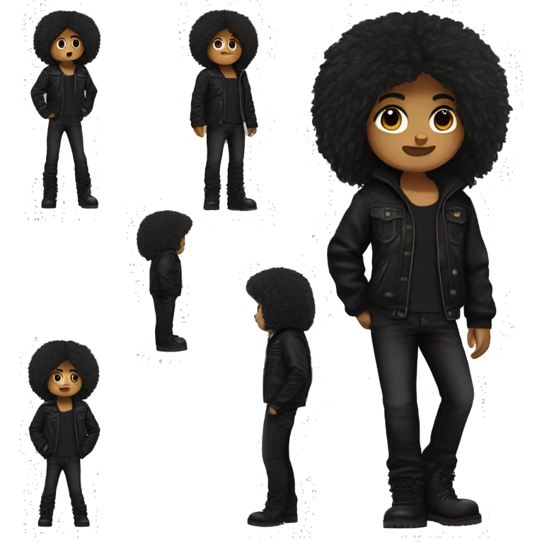 Teddy bear, bear, brown fur, full body, standing, wearing true religion black jacket and black pants, new rocks black boots, black hair medium length straight messy  emoji