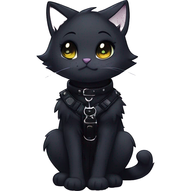 Gorgeous furry gothic dark techwear anime style anthro black cat furry sona with blushing face aesthetic and pretty edgy black with collar and harness trending style emoji