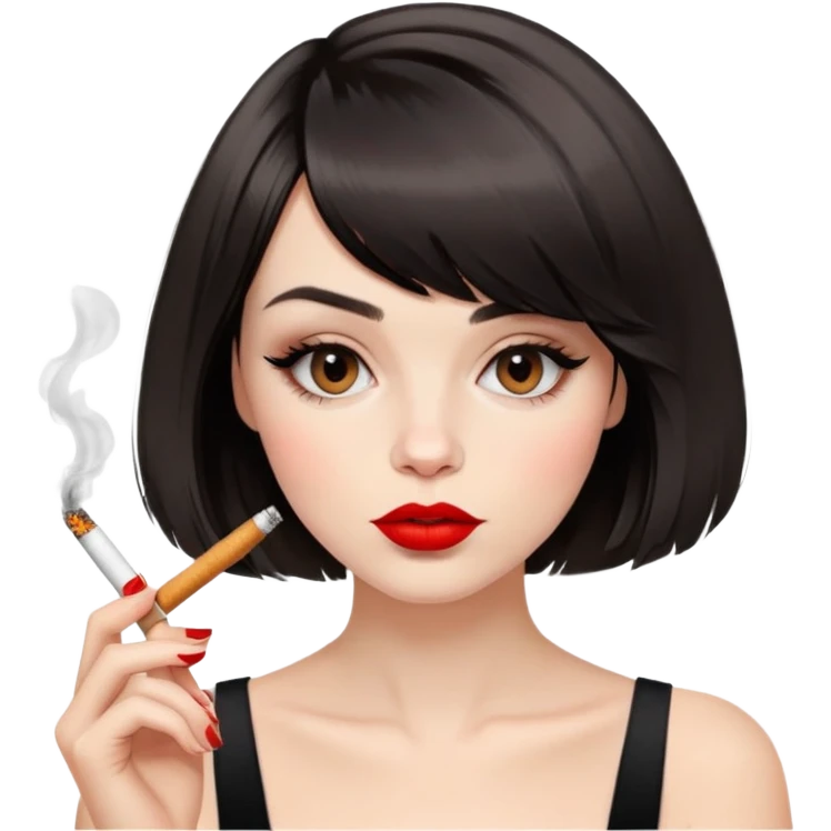 Alluring French girl french bob haircut tousled hair red lips and cigarette emoji
