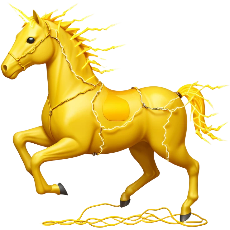 A yellow horse made entirely of crackling electricity, with visible yellow wires, lightning bolts shooting off its body, and a dynamic galloping pose. emoji
