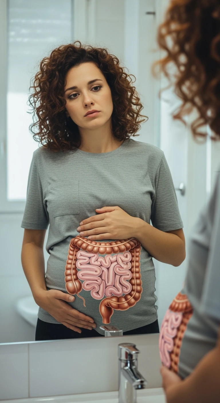 donna che si guarda allo specchio tenendosi la mano sulla pancia gonfia con espressione triste in volto, intestino umano anatomico in evidenza emoji