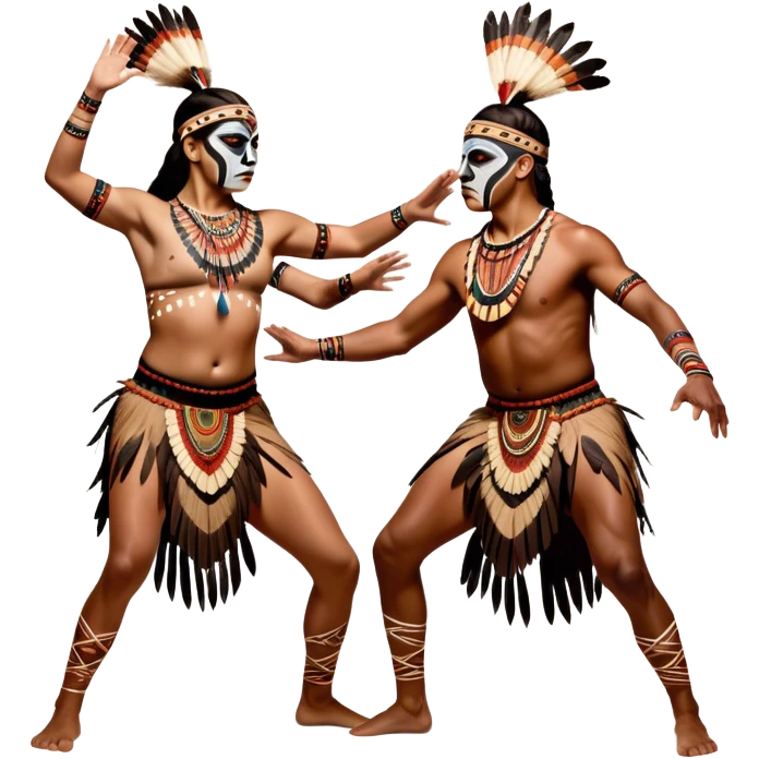 Cinematic Realistic scene of two indigenous dancers performing an Aboriginal Corroboree, adorned in intricate traditional body paint and ceremonial attire, captured in fluid motion with earthy tones and vibrant, cultural lighting emoji