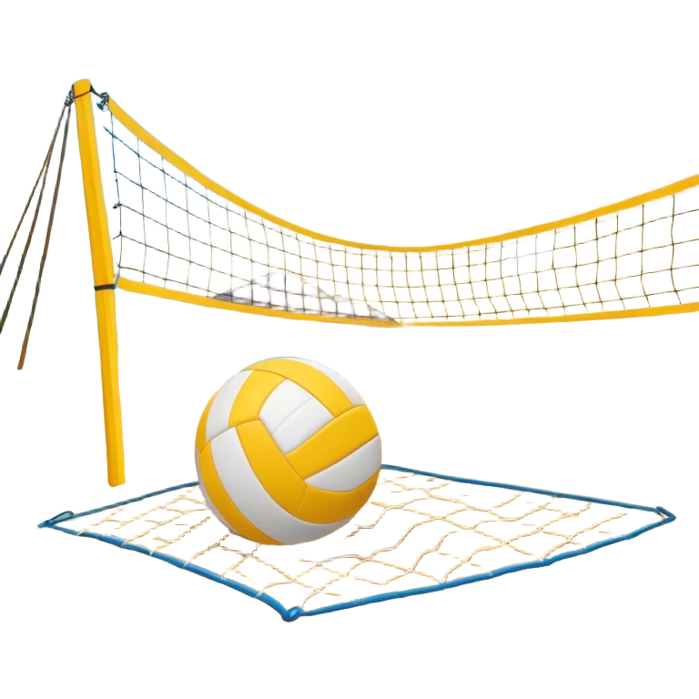 The scene captures the relaxed yet competitive vibe of beach volleyball, with warm sunlight and the natural beauty of the beach. A volleyball resting on the yellow sand on a beach, with the net in the background and a scenic view of the ocean and sky.  emoji