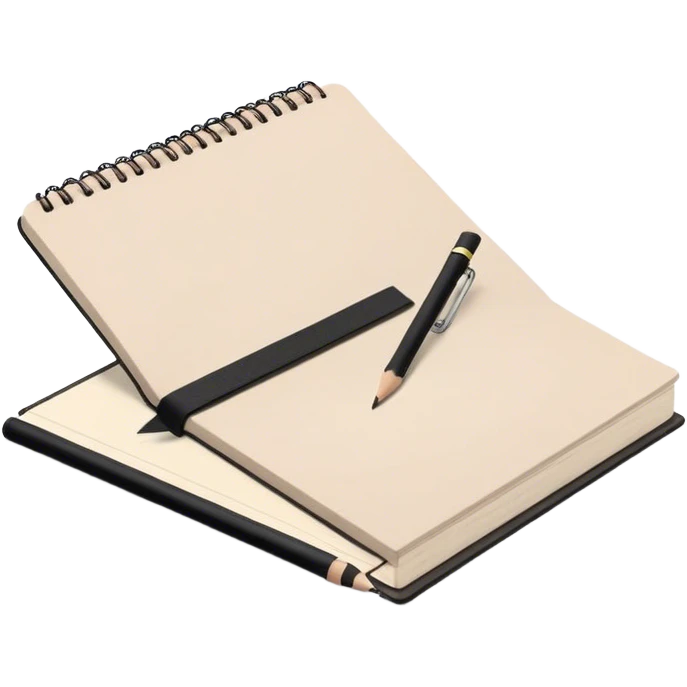 "Aesthetic emoji of a simple sketchbook with a light beige cover, a black spiral binding, and a wooden pencil resting diagonally, minimal yet elegant." emoji