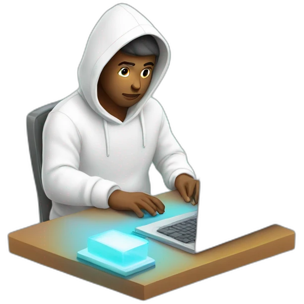 developer using white hoodie at computer iridescent light emoji