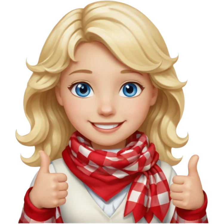 Blonde Girl Model, Blue Eyes, wavy hair, smiling, thumbs up, wearing red Checkered Triangle scarf, white dress emoji