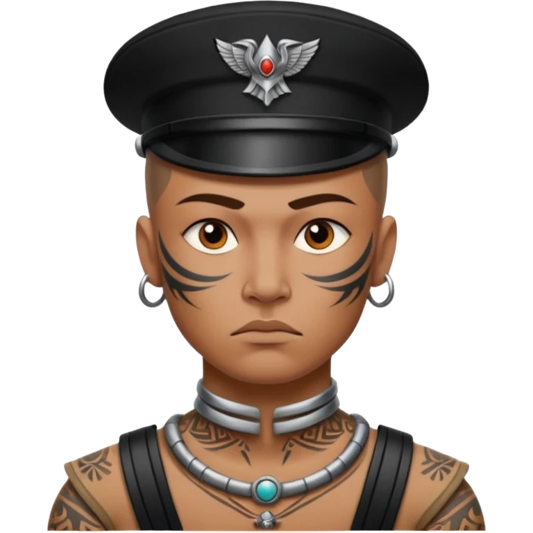 tatooed soldier on neck and face, tribal ancient emoji