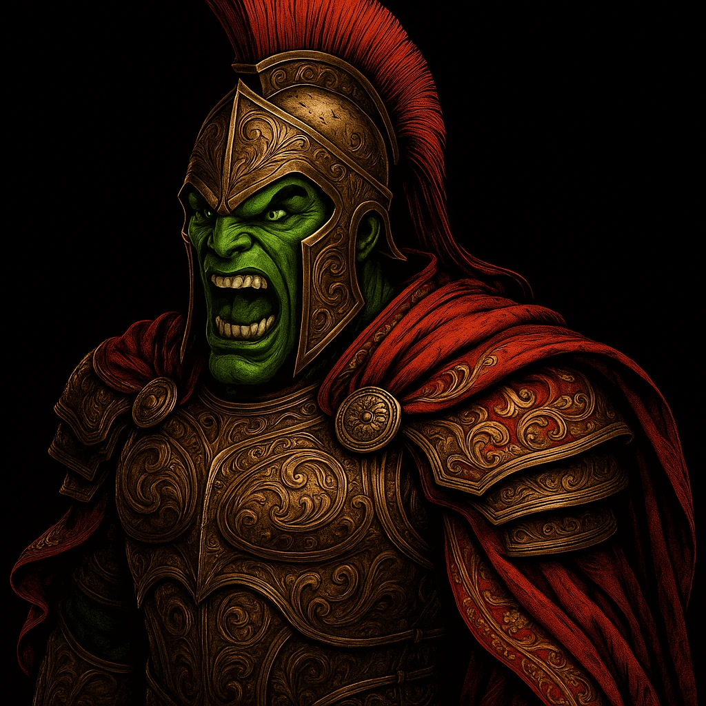 Add more detailed and ornate Spartan armor, including a richly decorated red cape and metallic elements, while keeping the Mask's fierce expression. emoji