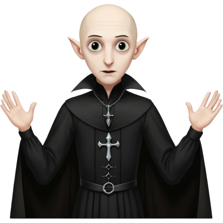 A thin, bald man with a hooked nose, darkly made-up eyes, in a black Gothic dress, very similar to Nosferatu, the singer of the band Classix Nouveaux - with his arms outstretched like on the cover of the album Night People. Very detailed! emoji
