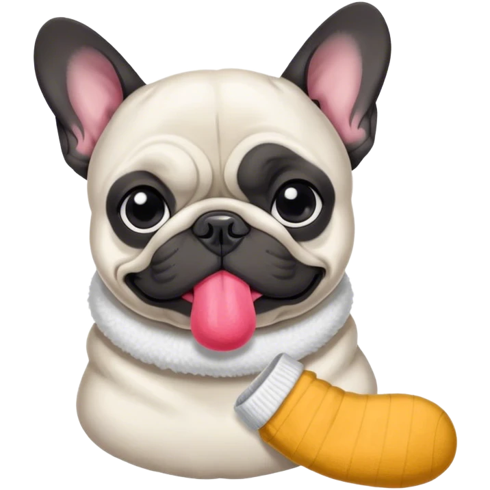 Black and white Bouledogue français eating a sock  emoji