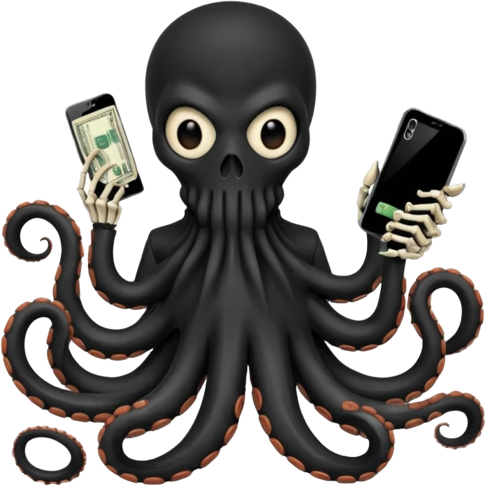 satanic octopus skeleton with scary evil eyes, wearing a black balaclava. 1 tentacle is holding a cellphone, 1 tentacle is holding a bone, 1 tentacle is holding a stack of cash. emoji