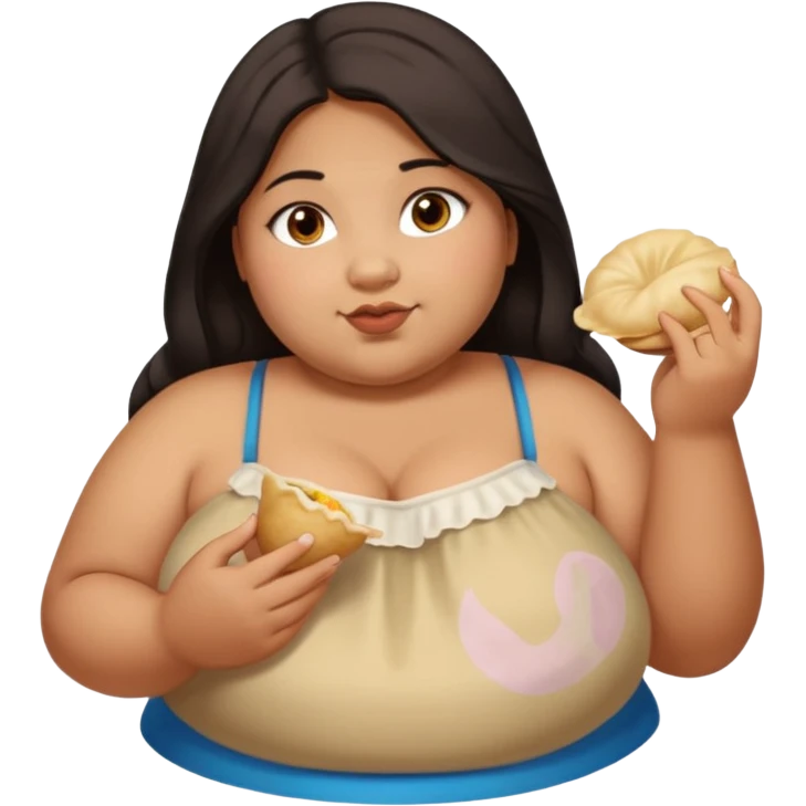 Can you create an emoji of a half Indian - half white 23 year old girl with dark brown mid length hair and brown eyes who is super obese and eating a dumpling. Full body and make her really fat emoji