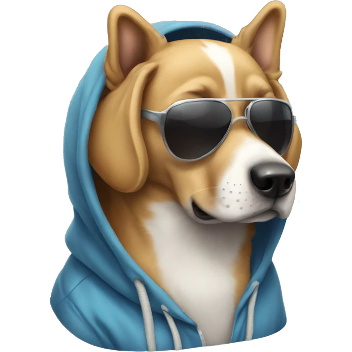Dog wearing a hoodie and sunnies emoji