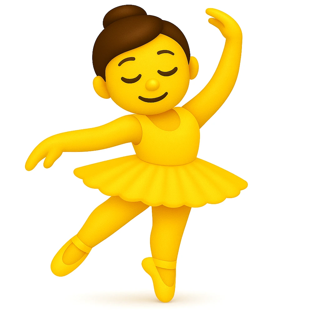 Keep the image just like the reference but make the skin color classic yellow emoji skin in iOS emoji style. Same pose, yellow tutu, elegant, smooth, and shiny. Add a soft shadow under the feet. The style should resemble classic yellow iOS emoji skin tone and texture. emoji
