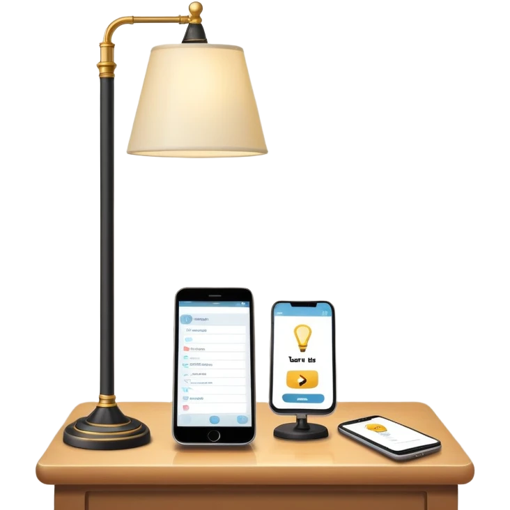 smartphone in foreground showing a quiz interface, with a floor lamp protruding from behind the phone emoji