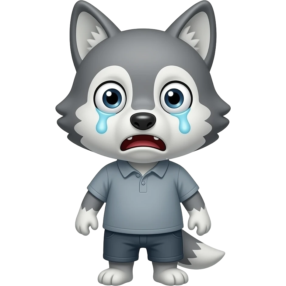 A little gray wolf shaped like a little human, dressed in gray, looking at us with a very frightened expression emoji