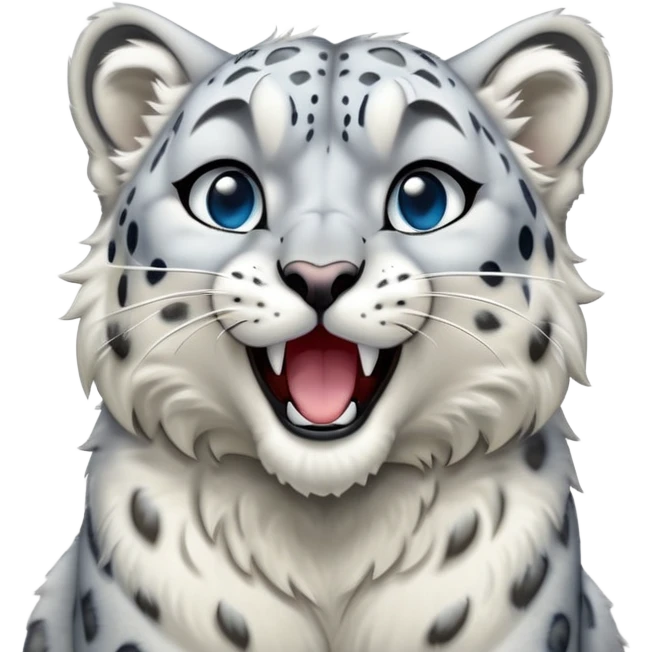Cinematic-Cute-Yawning-Snow-Leopard-Portrait-Emoji – Head tilted slightly with a dramatic, wide-open yawn, revealing a plush white-and-grey coat with dark rosettes, fluffy ears slightly twitching, round icy blue eyes barely open in drowsy contentment. emoji