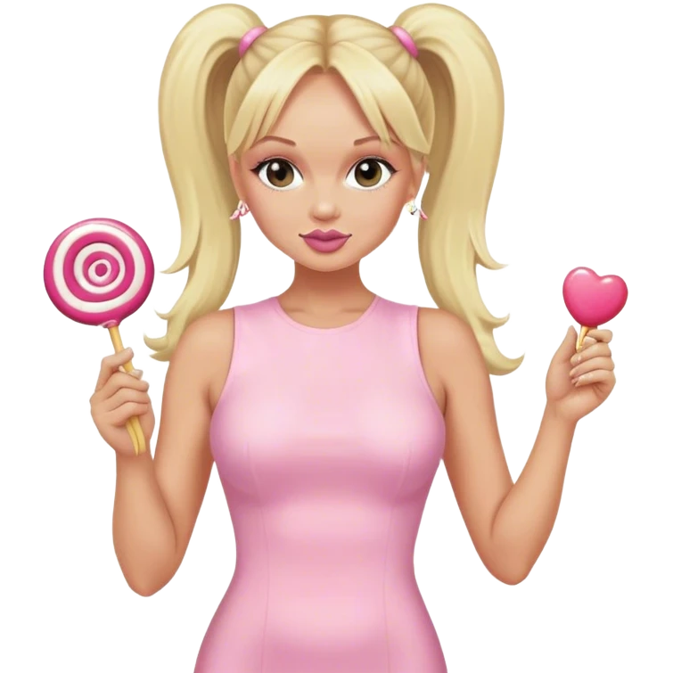 Emma Bunton with long blonde ponytails wearing light pink bodycon dress holding a lollipop emoji