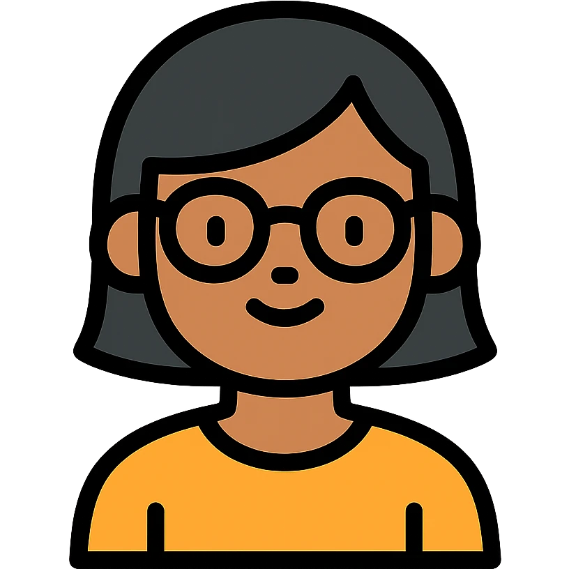 Asian girl with tan skin, short black hair, and glasses, color outline icon emoji