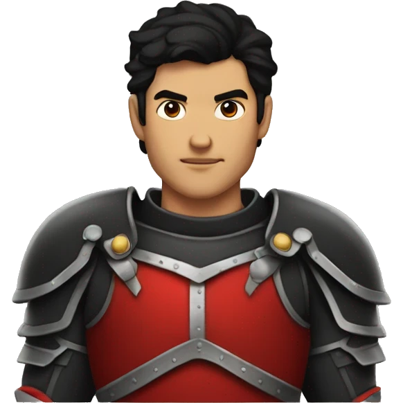 Tanned man with black hair and stern face wearing red and black armour vintage emoji